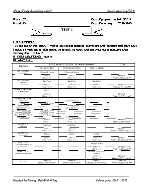 Giáo án môn Tiếng Anh Lớp 6 - Tiết 19 Kiểm tra 1 tiết - Năm học 2019-2020 - Hoàng Thị Bích Thủy